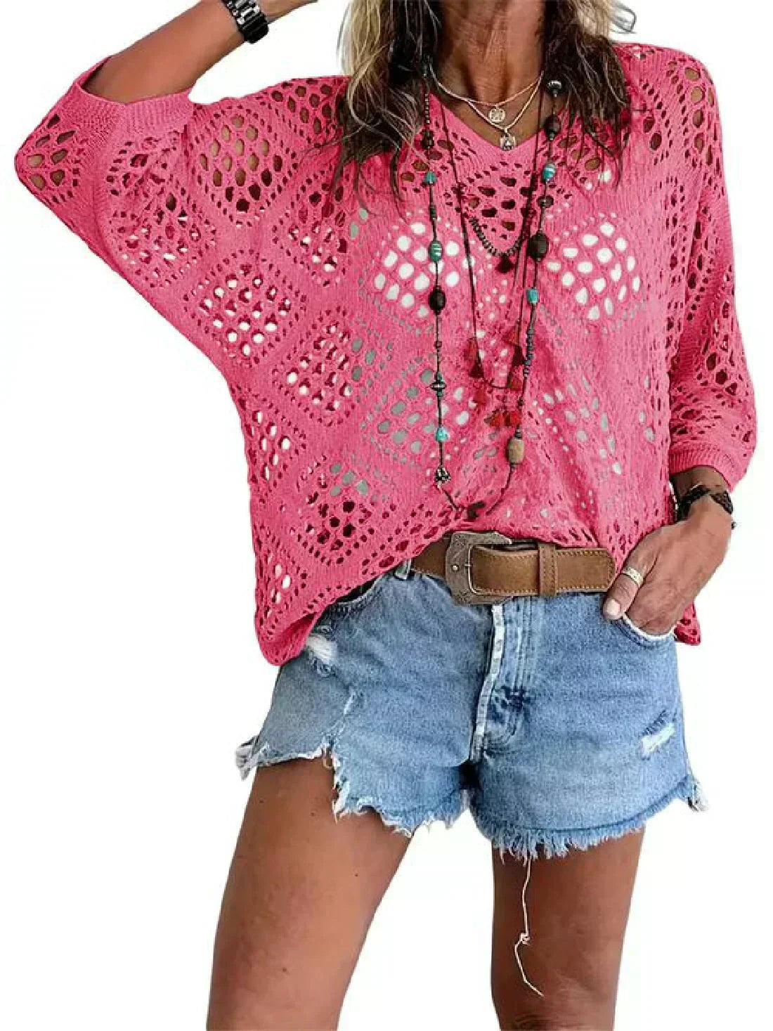 🥰50 % Rabatt💛Beiges Häkeloberteil für Damen im Boho-Stil mit V-Ausschnitt