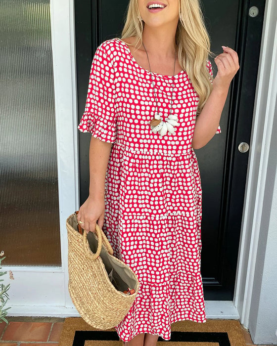⏰ Nur noch heute 50% Rabatt! ☄️ NEU heiß verkauft! Damen Midi Kleid mit zeitlosem Punktdruck & Rundhalsausschnitt, kurze Rüschenärmel und gestufter Rocksaum – 5 trendige Farben für Sommer, Urlaub und Alltag ✨