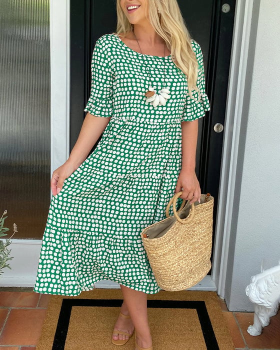 ⏰ Nur noch heute 50% Rabatt! ☄️ NEU heiß verkauft! Damen Midi Kleid mit zeitlosem Punktdruck & Rundhalsausschnitt, kurze Rüschenärmel und gestufter Rocksaum – 5 trendige Farben für Sommer, Urlaub und Alltag ✨