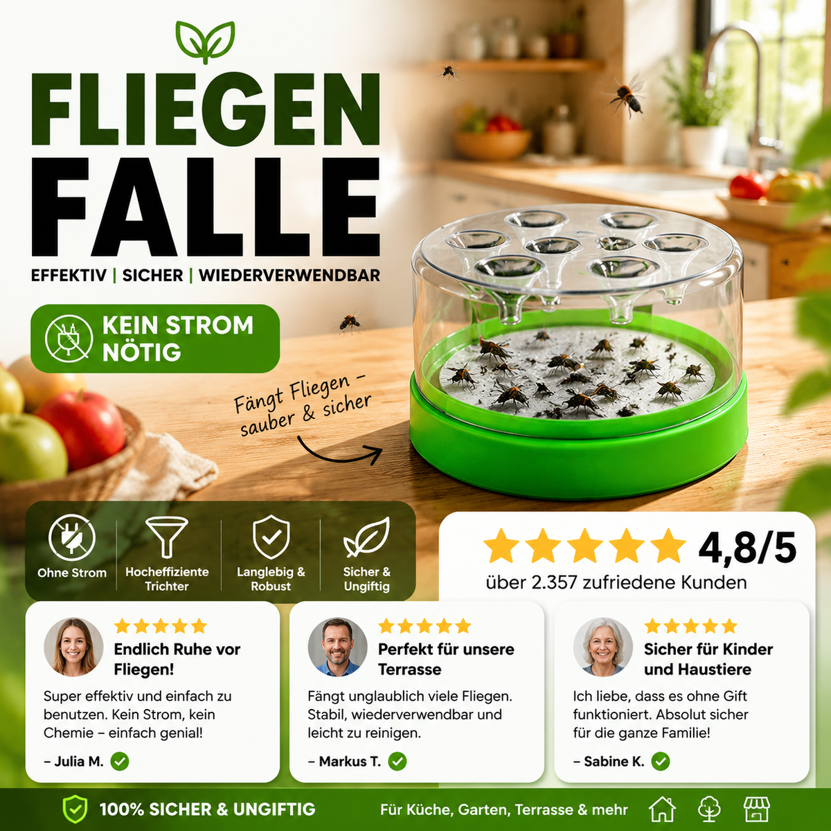 🥳HEISSER SALE 2026🥳💞50.000+ VERKAUFT!👵❤️ Wiederverwendbare, nicht-elektrische Fliegenfalle – sicher für Haustiere und Kinder 🐶👶🚫⚡