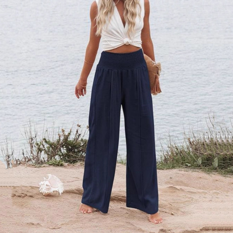 Damen-Freizeithose mit Smockbund und weitem Bein in Uni-Farbe