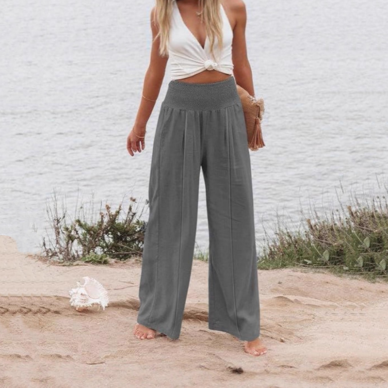 Damen-Freizeithose mit Smockbund und weitem Bein in Uni-Farbe