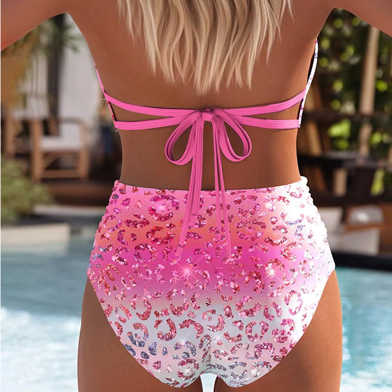 👙 50% RABATT! 🐆 Bikini-Set mit hohem Bund & Leopardenmuster – Farbverlauf-Design, Sexy Schnitt & Verstellbare Träger 🌊