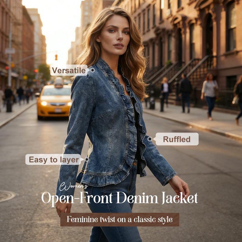 🧥 50 % RABATT !! 🌸 Damen-Jeansjacke mit Volants & offenem Vorderteil – Leicht & feminin – Vielseitig & schick 👗