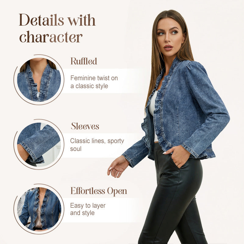 🧥 50 % RABATT !! 🌸 Damen-Jeansjacke mit Volants & offenem Vorderteil – Leicht & feminin – Vielseitig & schick 👗