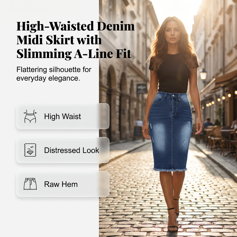 Damen-Jeansrock mit hoher Taille und ausgefranstem Saum