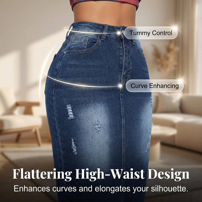 Damen-Jeansrock mit hoher Taille und ausgefranstem Saum