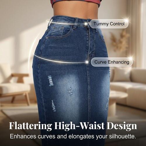 Damen-Jeansrock mit hoher Taille und ausgefranstem Saum