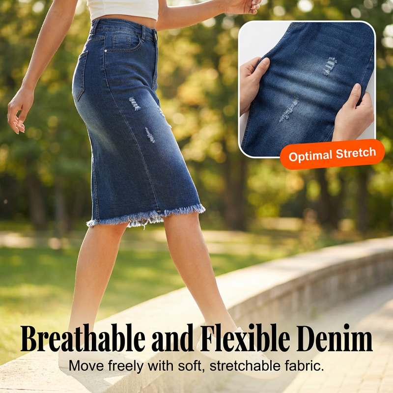 Damen-Jeansrock mit hoher Taille und ausgefranstem Saum