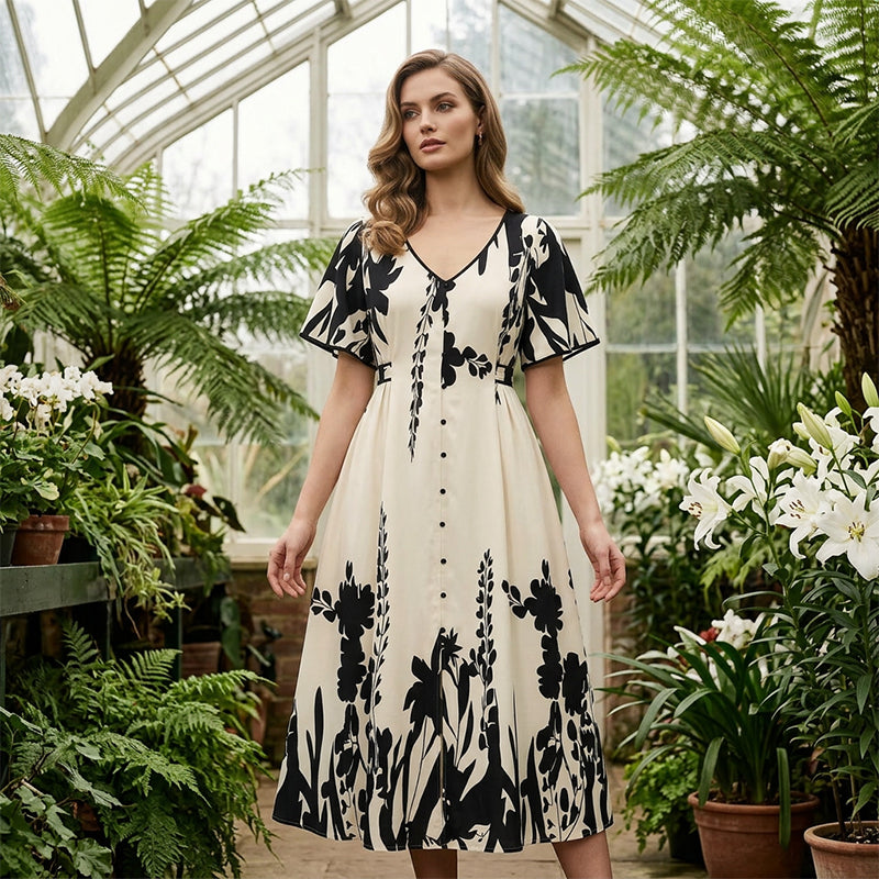🥳NEUHEITEN FÜR 2026 – 50% RABATT🎉 Damen-Midikleid mit botanischem Print – V-Ausschnitt, A-Linie und Volantärmel🌿