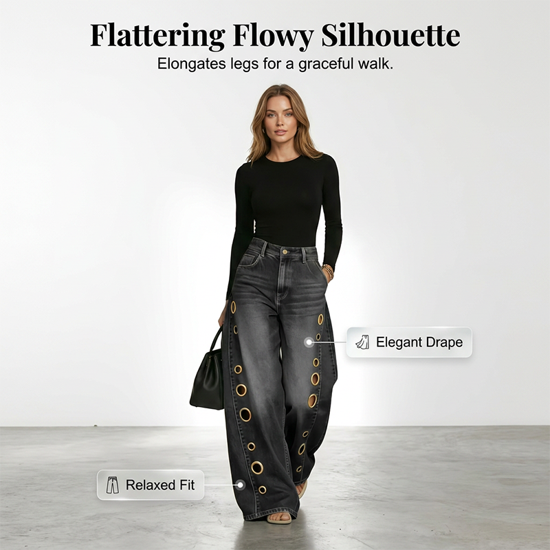 Damenjeans mit weitem Bein und Ösenverzierung