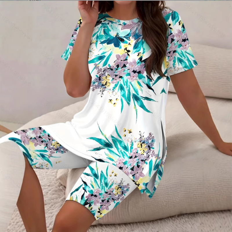 Lässiges Set aus bedrucktem Tunika-Oberteil und Shorts für Damen