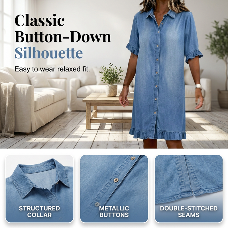 👖👗 Locker sitzendes Jeanskleid mit Rüschen – 50% RABATT! Weich, feminin & perfekt für Alltag, Büro oder Date ✨