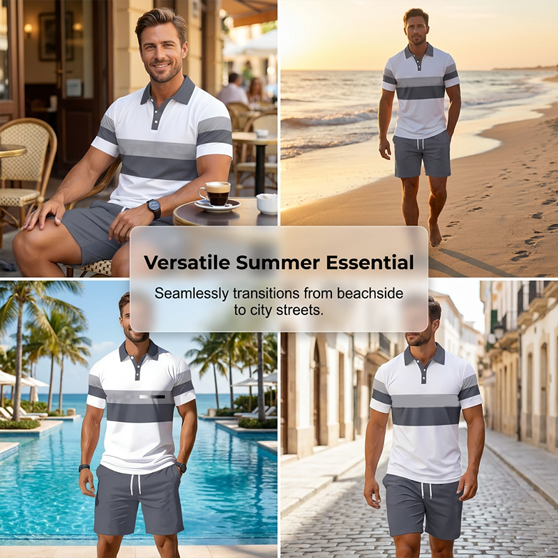 Versandkostenfrei⏰ Nur noch heute 50% Rabatt! 👕 Herren 2-teiliges Freizeit Set mit gestreiftem Polo-Shirt & passenden Shorts, atmungsaktiver weicher Stoff, figurfreundlicher Schnitt für Sommer, Reisen und Alltag ✨