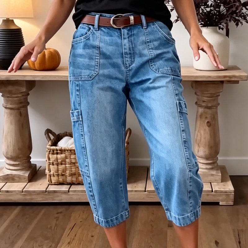 ✈️Versandkostenfrei🔥 Letzter Tag! 50% Rabatt Damen 3/4 Cargo Jeans ✨ Lässige elastische verkürzte Jeans für Alltag & Freizeit