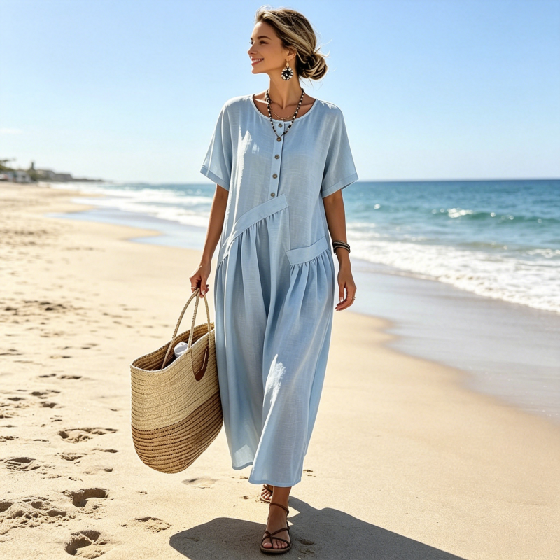 💎 Der Sommerhit 2026 – der Wahnsinn! 👗Maxikleid für Damen mit Knopfleiste und kurzen Ärmeln
