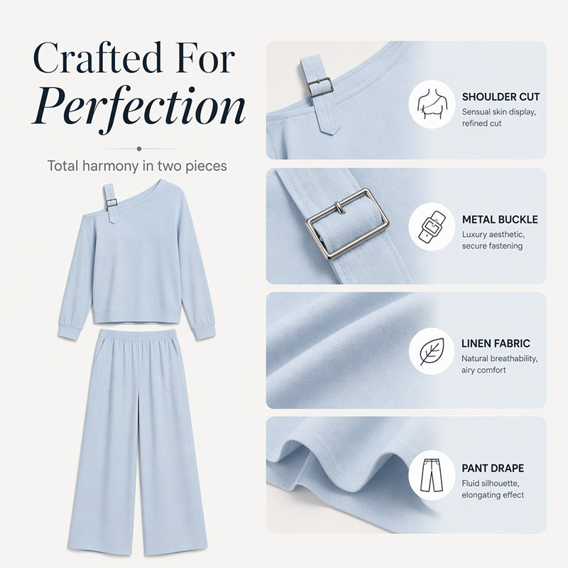 ✨Elegantes Set aus One-Shoulder-Oberteil und Hose mit weitem Bein für Damen