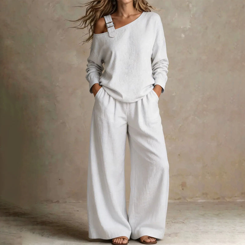 ✨Elegantes Set aus One-Shoulder-Oberteil und Hose mit weitem Bein für Damen