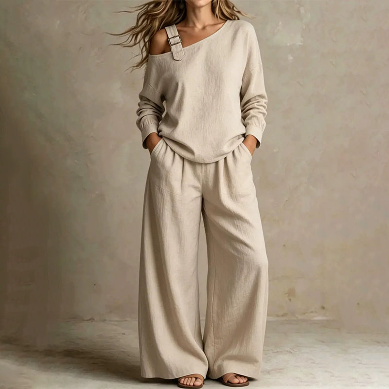 ✨Elegantes Set aus One-Shoulder-Oberteil und Hose mit weitem Bein für Damen