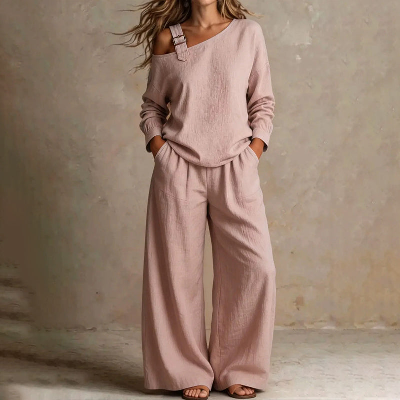 ✨Elegantes Set aus One-Shoulder-Oberteil und Hose mit weitem Bein für Damen