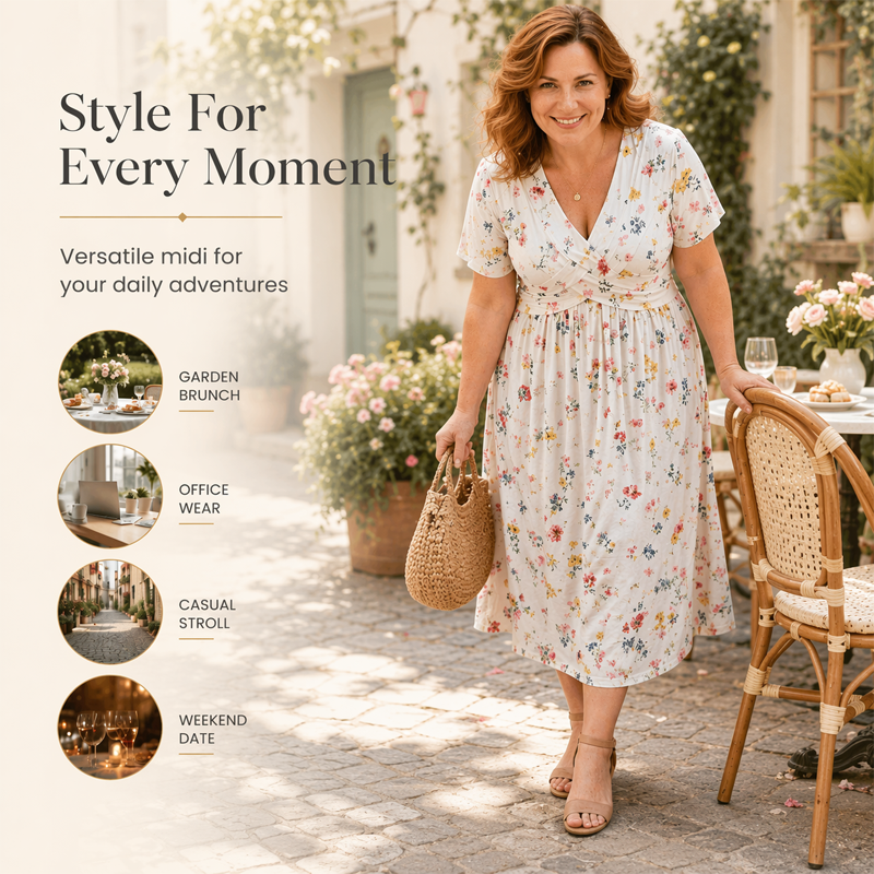🌸 Blumiges Kleid mit V-Ausschnitt und Twist-Detail an der Taille – elegant und lässig für alle Anlässe