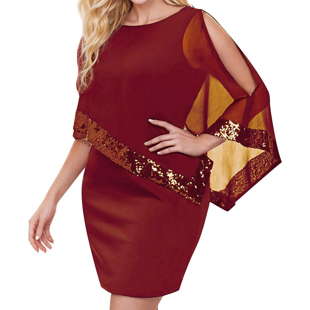 Damen Kleid mit unregelmäßigem Pailletten-Patchwork und Cold-Shoulder-Design