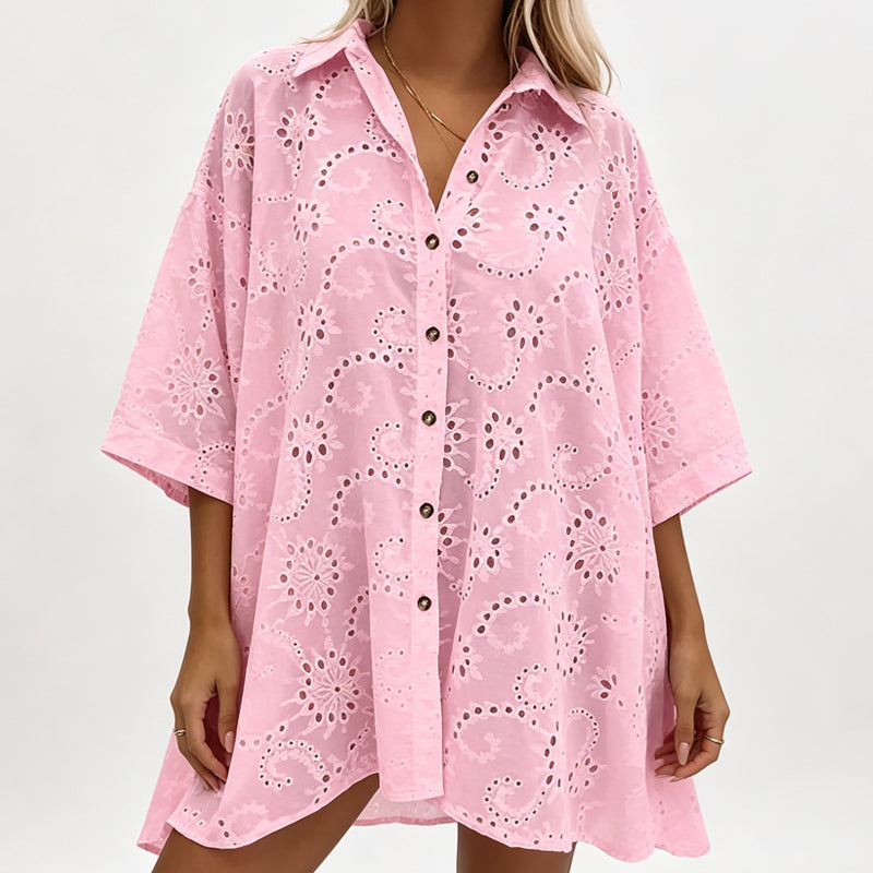 Kurzarmshirt für Damen aus Lochstickerei, Spitze und Burnout-Stoff