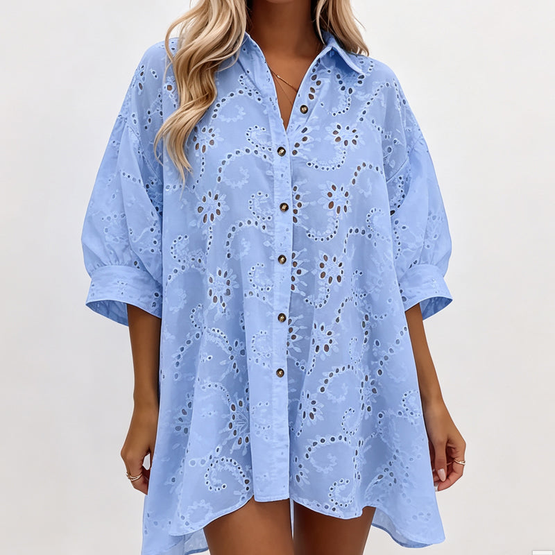 Kurzarmshirt für Damen aus Lochstickerei, Spitze und Burnout-Stoff