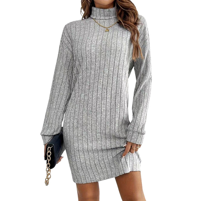 Geripptes Damen-Langarm-Strickkleid mit Rollkragen