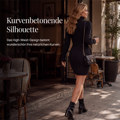 Geripptes Damen-Langarm-Strickkleid mit Rollkragen