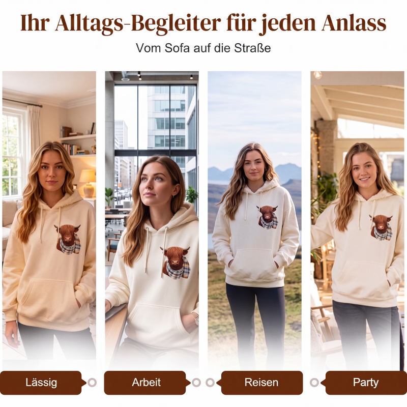 🐮 50% RABATT!!🎁Niedliches Kapuzensweatshirt mit kuscheligem Fleecefutter, Highland-Kuh-Motiv